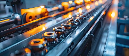 High-quality control in manufacturing optical sorting machine for fasteners nuts in product line. Copy space image. Place for adding text or design