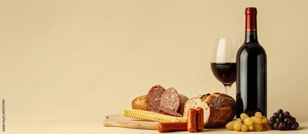 Leinwandbilder composition with wine,sausage and bread isolated on pastel background. with copy space image. place 