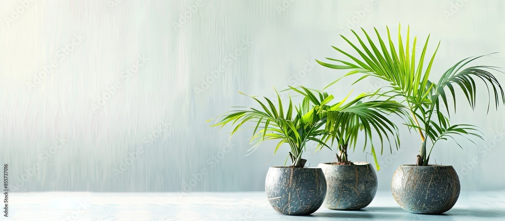 Poster green coconut bonsai in fresh organic plastic pots. with copy space image. place for adding text or 