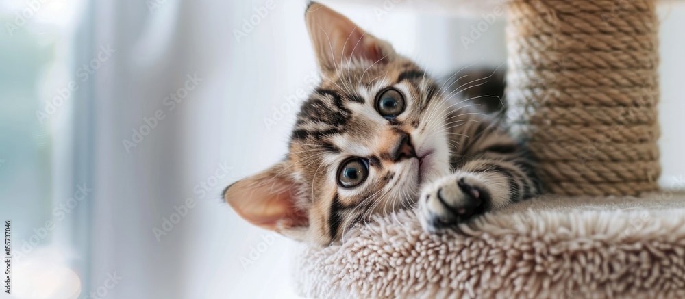 Poster Portrait Bengal kitten looking and playing at top of cat tree at home. with copy space image. Place for adding text or design