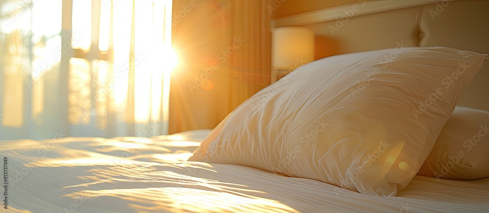 Aufkleber Bedroom luxury design and pillow in hotel. Selective focus and soft flare sunlight. with copy space image. Place for adding text or design