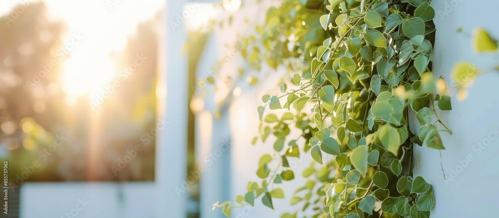 Poster a closeup of plants on a white building under sunlight with a blurry background. with copy space ima