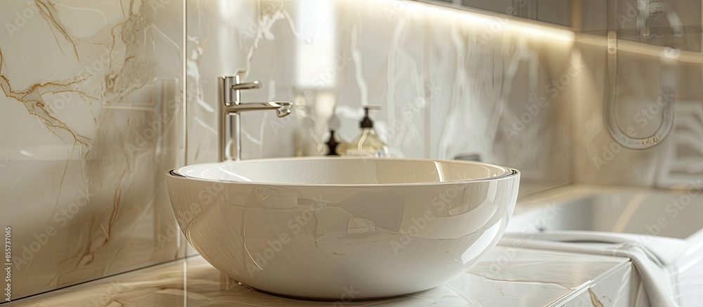 Aufkleber Bathroom with large marble tiles. Detail of sink and bathtub. with copy space image. Place for adding text or design