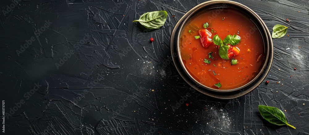 Poster bowl of hot soup on black background. copy space image. place for adding text or design