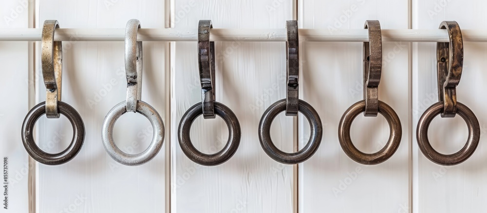 Poster metal rings for curtain rod on the white background. decorative rings for fixing the curtains to the