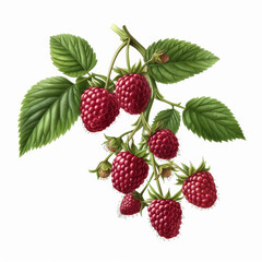 Fresh, ripe raspberries on a leafy branch, perfect for celebrating summer harvests and promoting healthy eating in organic farming concepts