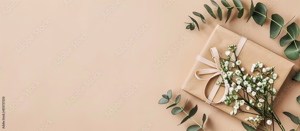 Poster greeting card mockup with gift box, envelope and eucalyptus and gypsophila twigs on beige background