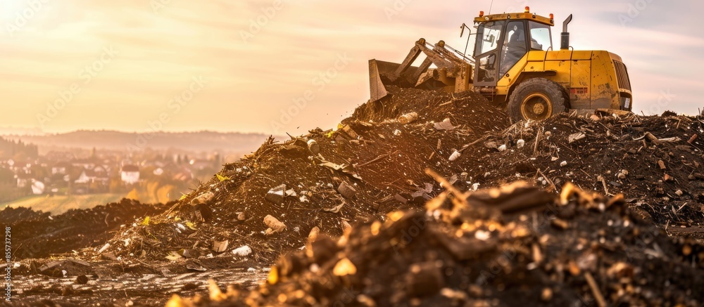Leinwandbilder bulldozer putting biomass on pile for composting. copy space image. place for adding text or design