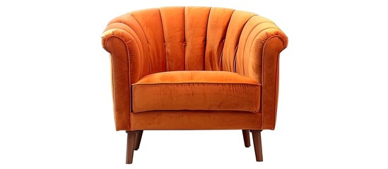 Fototapeta premium Classic armchair art deco style in orange velvet with wooden legs isolated on white background. with copy space image. Place for adding text or design