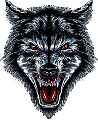 Aggressive open mouth wolf head illustration
