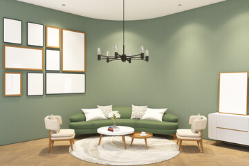 3d render of illustration wall arched corner living room  with frame mock up. Wood parquett floor, green wall and white ceiling. Set 10