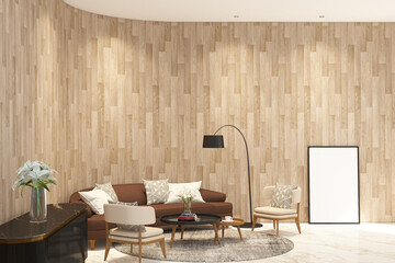 3d render of illustration wall arched corner living room  with frame mock up. White marble floor, wood clading wall and white ceiling. Set 12