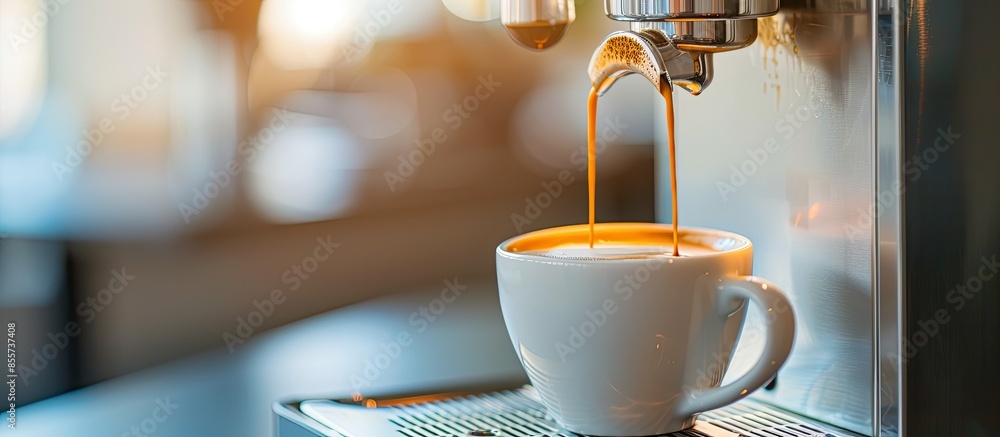 Poster Modern espresso machine pouring coffee into cup in office. Space for text. with copy space image. Place for adding text or design