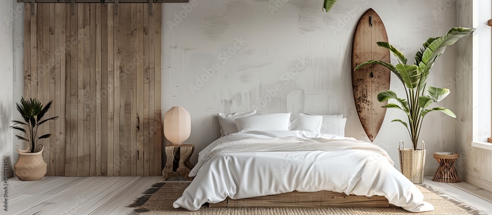 Poster Comfortable bed with soft linens and sup surfing board on light wall in room. with copy space image. Place for adding text or design