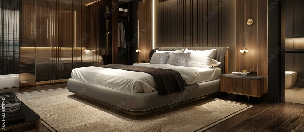 Aufkleber bed in luxury hotel. large bed in the bedroom. with copy space image. place for adding text or desig
