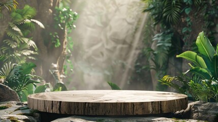 Modern garden podium stage with a concrete stage surrounded by vibrant foliage and sunset backdrop, ideal for serene themes