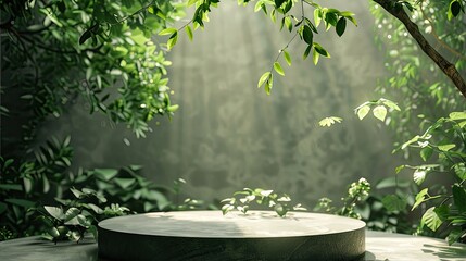 Lush green foliage surrounding a empty podium stage, creating a serene and natural space with sunlight filtering through leaves