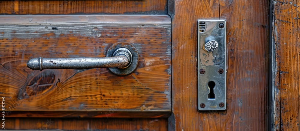 Poster brushed metal lock and handle on a wooden house door outside. with copy space image. place for addin