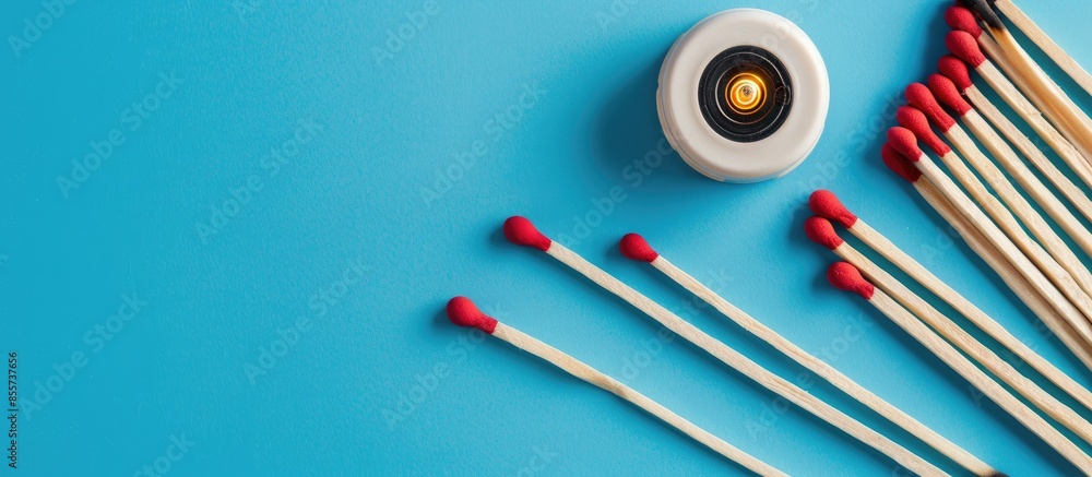 Poster a pile of matches and a fire detector on a blue background. fire safety concept. with copy space ima