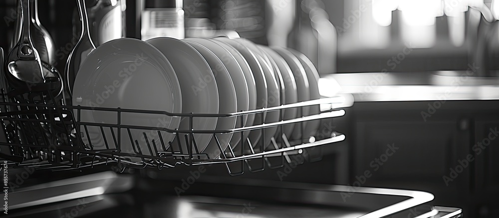 Poster Dishwasher cleaning with heat , photo with monocrome filter. with copy space image. Place for adding text or design