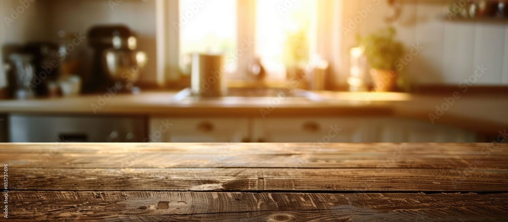 Poster Wood table top on blur kitchen counter (room)background.For montage product display or design key visual layout. Copy space image. Place for adding text or design