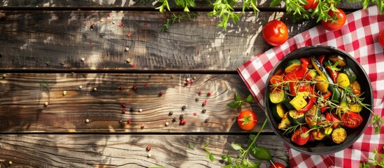 Healthy country roasted vegetables, vegetarian food, served in a bowl on a red and white checked tablecloth on a picnic table outdoors with peppers, marrow, herbs and tomato. with copy space image