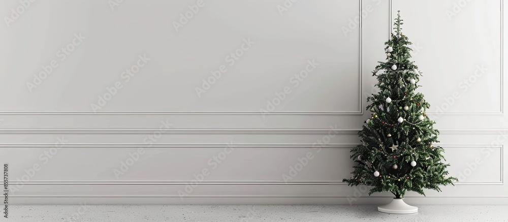 Poster christmas tree with decor in pastel white interior background. with copy space image. place for addi