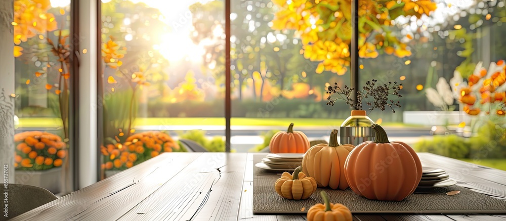 Poster interior of modern dining room with fresh pumpkins and table. with copy space image. place for addin