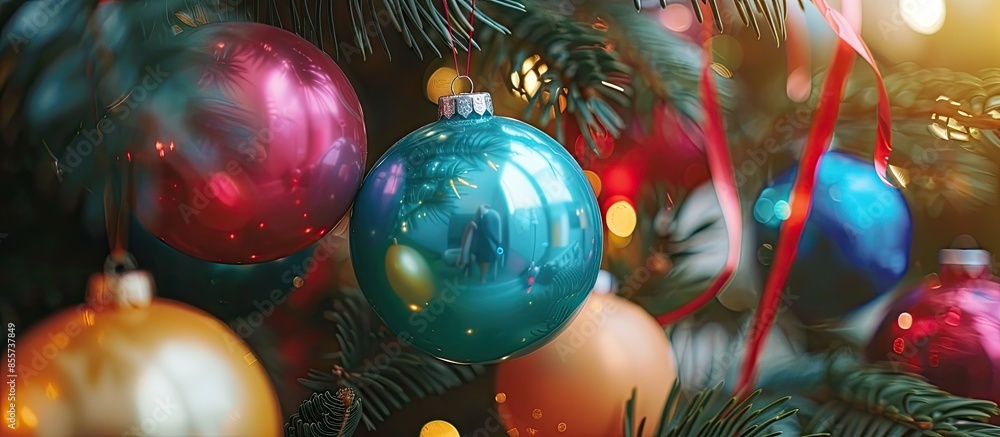 Poster a christmas tree decoration with colored balloons and garlands. coniferous spruce decorated. toys on