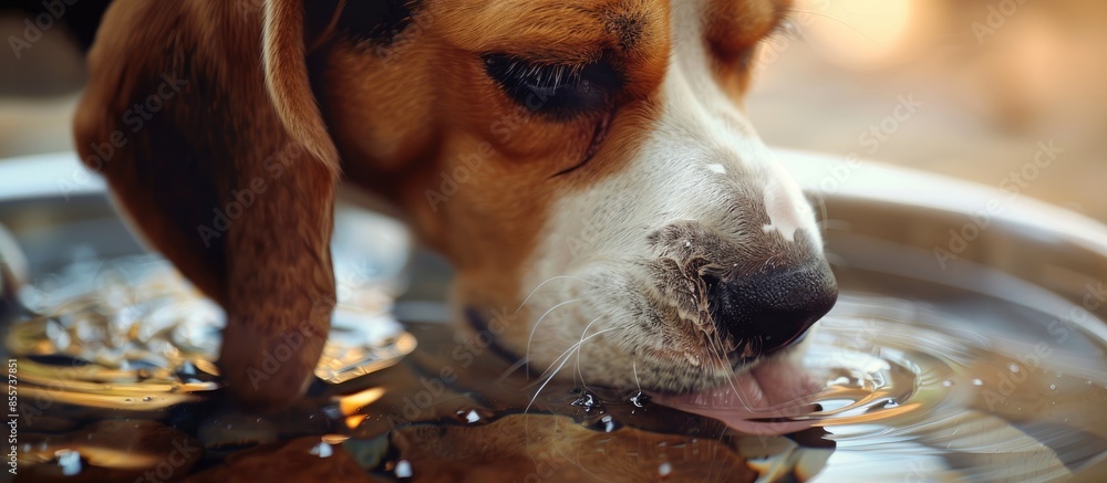 Poster Beagle is drinking water. Dog hydration. Copy space image. Place for adding text or design
