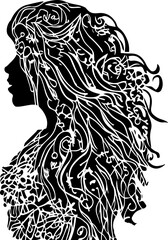 A woman with long hair is drawn in black and white