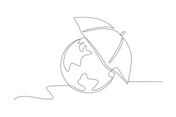 Umbrella protects the earth. World ozone day concept one-line drawing