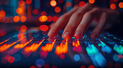 A close-up of a hand analyzing financial data on a tablet, with a dark-themed background highlighting the vibrant colors of the charts
