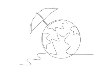Umbrellas provide protection to the earth. World ozone day concept one-line drawing
