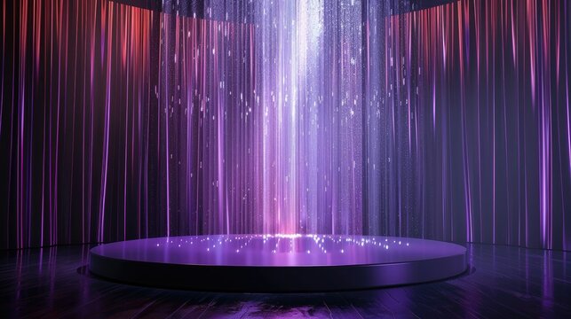 Mystical stage with purple neon lights and water-like light curtains, creating an enchanted and futuristic atmosphere