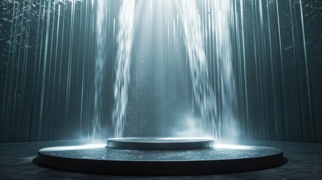 Ethereal impact of cascading light beams on a dark stage, creating a mystical and cinematic setting