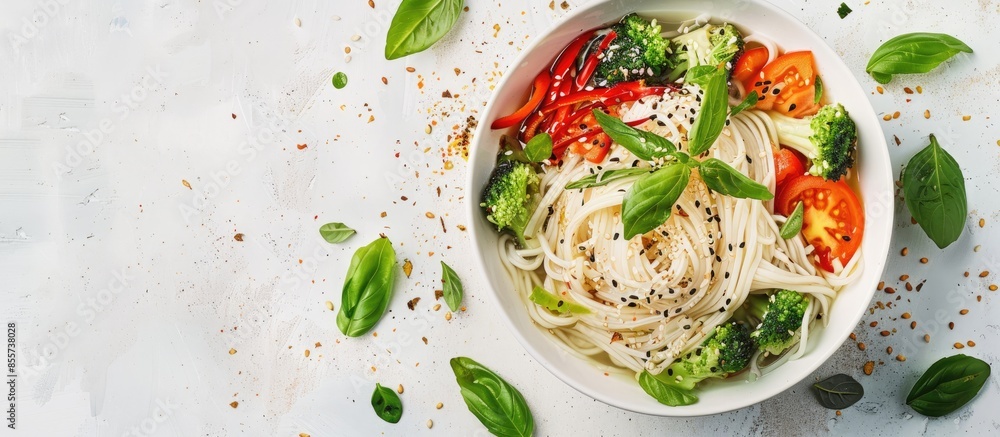 Poster bowl of tasty rice noodles with vegetables and sesame seeds on pastel background. with copy space im