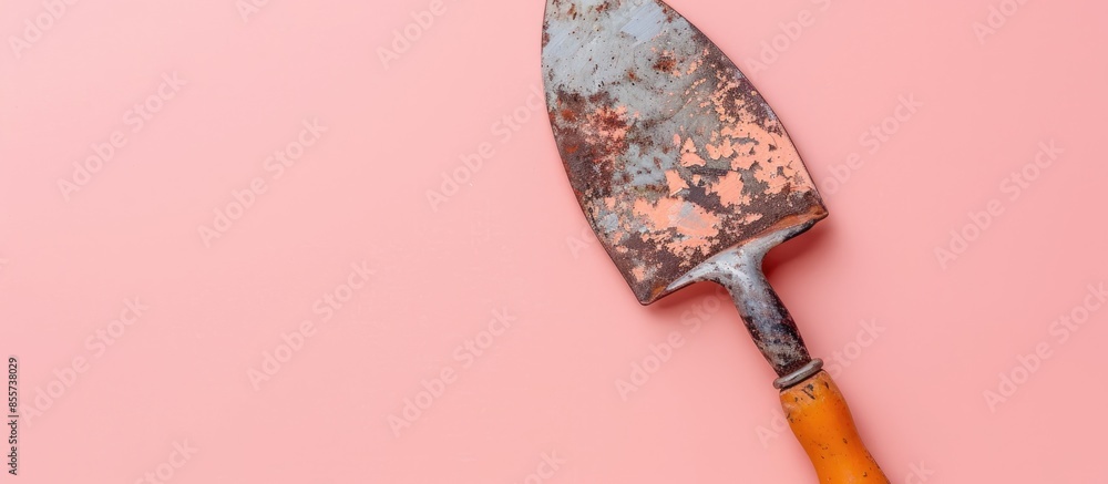 Aufkleber Old rust paint trowel with wood handle Isolated on pastel background. with copy space image. Place for adding text or design