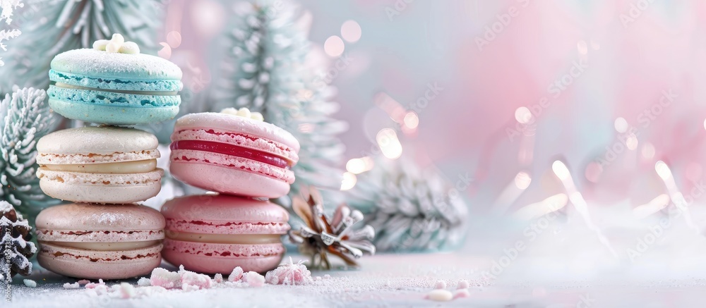 Fototapete tasty pastry macarons or macaroons with fir tree on background pastel background. with copy space image. Place for adding text or design