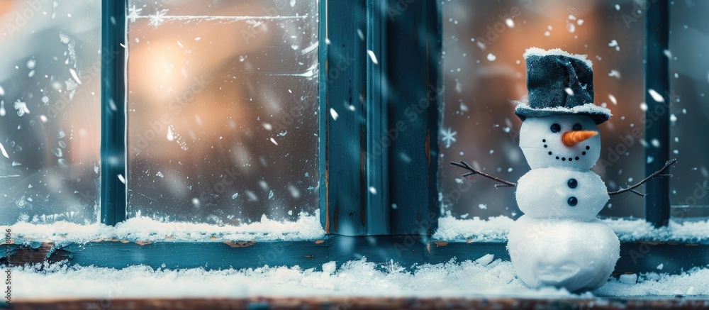 Poster Winter window and snowman with black hat . with copy space image. Place for adding text or design