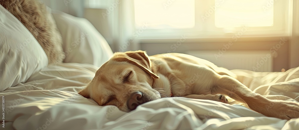 Poster Dog relaxing on bed. with copy space image. Place for adding text or design