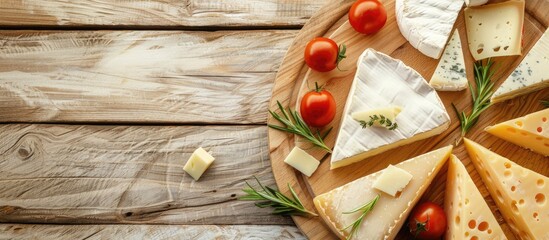 edam parmesan and brie cheese on wooden platter over wooden table pastel background. with copy space image. Place for adding text or design