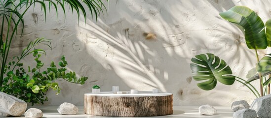 Natural beauty podium backdrop for cosmetic product display. Background for cosmetic product branding with stone, wood and plant. Copy space image. Place for adding text or design