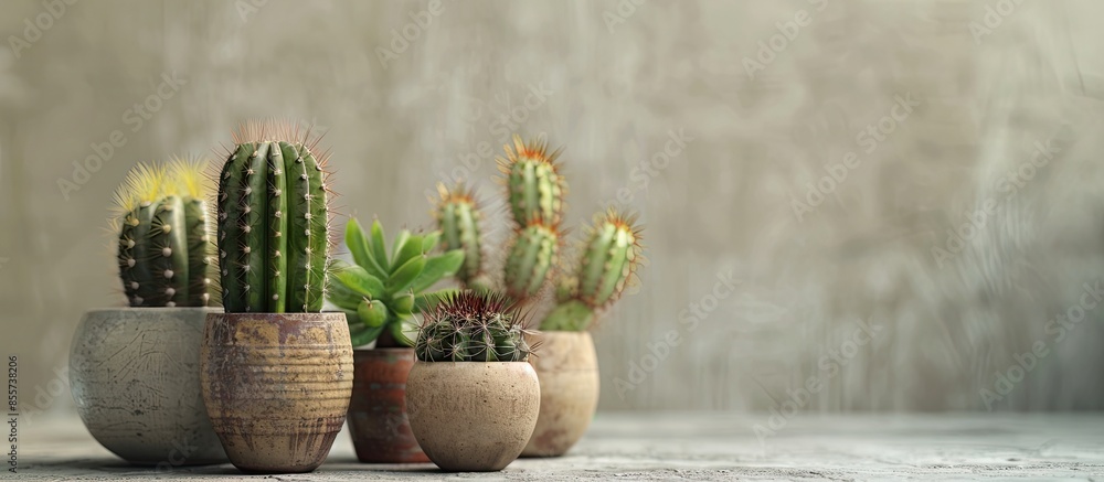 Fototapete small cactus in beautiful pots. with copy space image. place for adding text or design