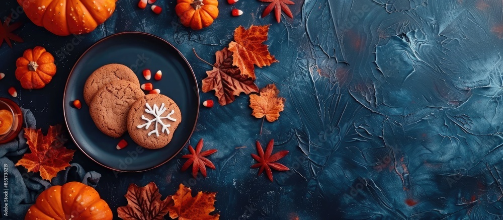 Poster happy halloween! sweets and cookies on the table in the home. preparation for holiday. halloween hom