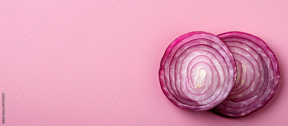 Leinwandbilder red sliced onion isolated on pastel background. food. with copy space image. place for adding text o