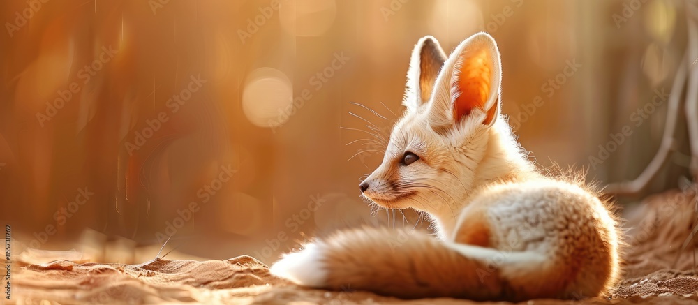 Poster pretty fennec fox cub on brown backgorund. with copy space image. place for adding text or design