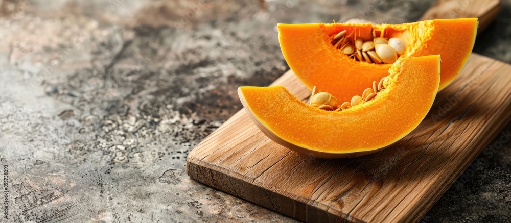 Fototapete slice of pumpkin on cutting board at kitchen counter. with copy space image. place for adding text o
