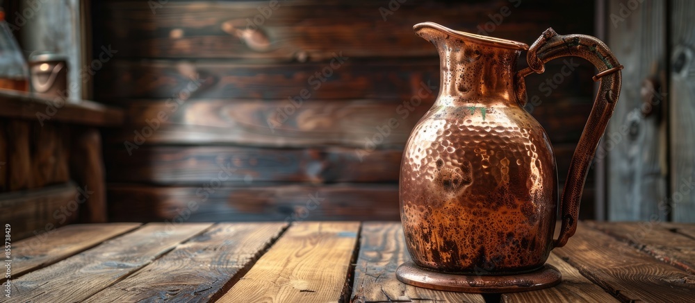 Aufkleber Antique copper pitcher/jug resting on wooden table with traditional rustic setting as background. with copy space image. Place for adding text or design