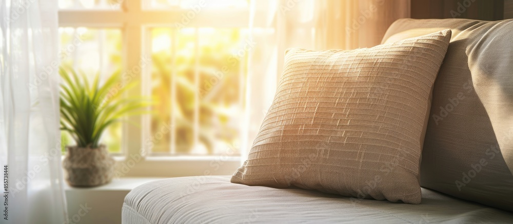 Fototapete Comfortable pillow on modern sofa next to window with soft light effect. with copy space image. Place for adding text or design